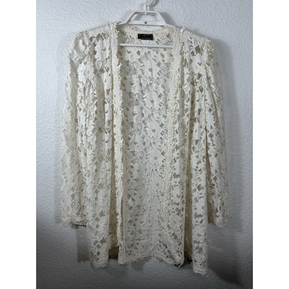 Vintage Cachet by Bari Protas Cream Lace Blazer Size‎ L Jacket Sheer Floral